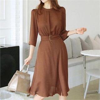 Elbow-sleeve Long Dress With Belt