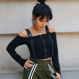 Off-shoulder Buckle-strap Zipper Top