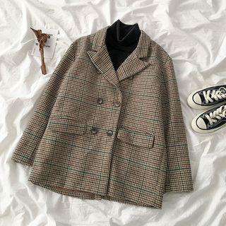 Turtleneck Long-sleeve Top / Plaid Button Blazer