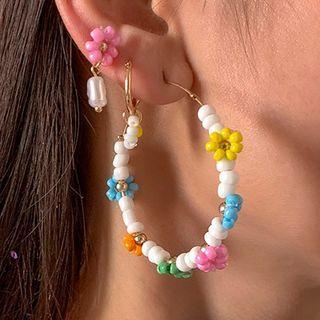 Flower Drop Earring 3 Pairs - Yellow & Green & Pink - One Size