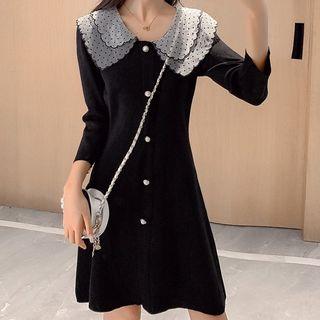 3/4-sleeve Dotted Mesh Collar Knit Dress