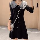 3/4-sleeve Dotted Mesh Collar Knit Dress