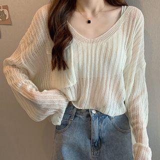 V-neck Pointelle-knit Long-sleeve Top