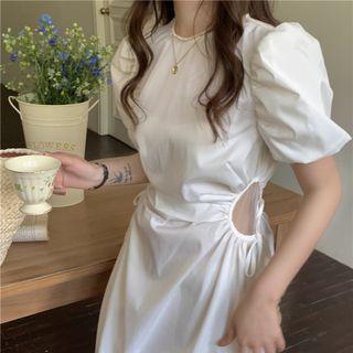 Puff-sleeve Plain Cutout Drawstring Dress