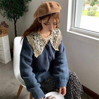 Lace Collared Beaded Buttoned Blouse / Dotted Print Skirt / Buttoned Cardigan