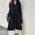 Set: Long-sleeve Shirt Dress + Spaghetti Strap Dress Set Of 2 - Black Shirt Dress & Spaghetti Strap Dress - White - One Size