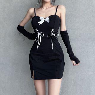 Ribbon Spaghetti Strap Mini Dress With Arm Sleeve