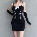 Ribbon Spaghetti Strap Mini Dress With Arm Sleeve