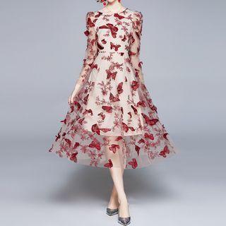 Long-sleeve Butterfly Embroidered Midi A-line Mesh Dress