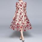 Long-sleeve Butterfly Embroidered Midi A-line Mesh Dress