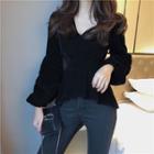 Plain Ruffle V-neck Long-sleeve Slim-fit Top