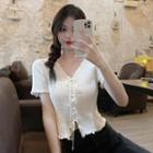 Short-sleeve Frill Trim Tie-front Knit Top