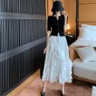 Button-down Crop Knit Top / Ruffled A-line Skirt