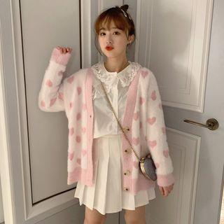 Contrast Trim Heart Printed Cardigan Pink - One Size
