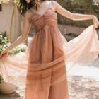V-neck Midi Spaghetti Strap Dress / Lace Trim Light Jacket / Set