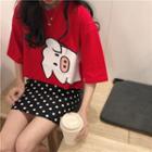 Elbow-sleeve Pig Printed T-shirt