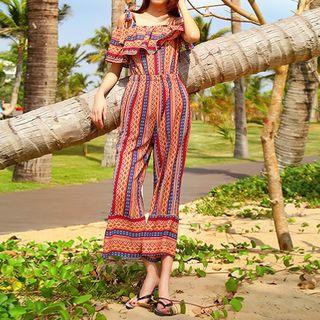 Patterned Cold Shoulder Jumpsuit