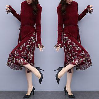 Long-sleeve Printed Panel Midi Knit Dress