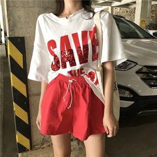 Lettering Short-sleeve T-shirt / Wide Leg Shorts