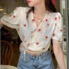 Short-sleeve V-neck Floral Chiffon Top Almond - One Size
