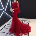 3/4-sleeve Cold Shoulder Mermaid Wedding Gown