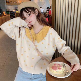 Collared Dotted Long-sleeve Knit Top