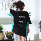 3/4-sleeve Lettering Colored-block T-shirt