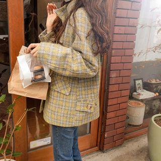High-neck Plaid Jacket Green - One Size