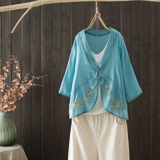 V Neck Frog Button Embroidered Blouse