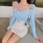 Lace Trim Cropped Cardigan / Tie-strap Camisole Top