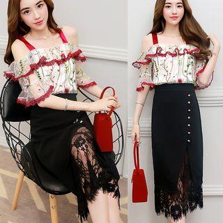 Set: Elbow-sleeve Off Shoulder Top + Lace Panel Midi Skirt