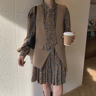 Long-sleeve Floral Print A-line Dress / Double-breasted Vest