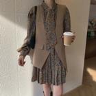 Long-sleeve Floral Print A-line Dress / Double-breasted Vest