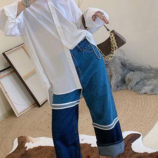 Paneled Striped Straight-cut Jeans