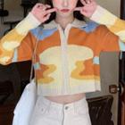 Long-sleeve Cropped Color Block Knit Sweater Cardigan Yellow + Orange + Blue - One Size