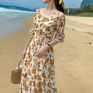 Elbow-sleeve Cold Shoulder Floral Chiffon A-line Midi Dress