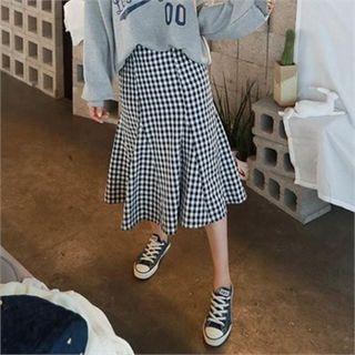 Godet Gingham Midi Mermaid Skirt