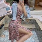 Denim Jacket / Floral Print Spaghetti-strap A-line Dress