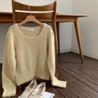 Square-neck Puff-sleeve Knit Top Beige - One Size