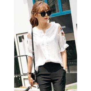 Flower-embroidered Mesh-accent Blouse