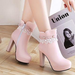 Lace Trim Platform Block-heel Short Boots