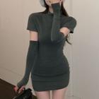 Set: Short-sleeve Mock-neck Mini Bodycon Dress + Arm Sleeves