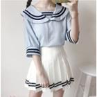 Sailor-collar Elbow-sleeve Top / Striped Pleated Skirt