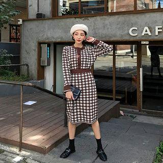 Set: Round-neck Houndstooth Cardigan + H-line Skirt