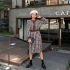 Set: Round-neck Houndstooth Cardigan + H-line Skirt