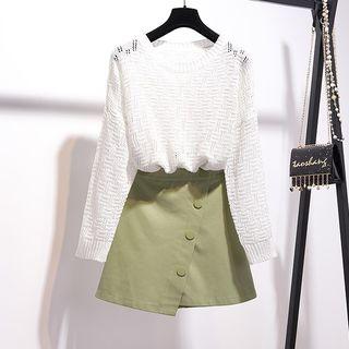 Perforated Knit Top / Faux Leather Mini A-line Skirt / Set