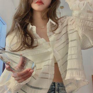 Striped Puff-sleeve Top White - One Size