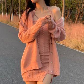 Halter-neck Slit Cable Knit Mini Bodycon Dress / Cardigan