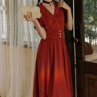 Collared Dotted Short-sleeve Midi A-line Dress