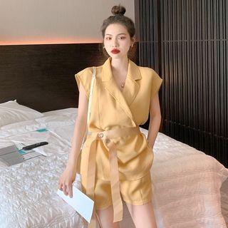 Set: Sleeveless Belted Wrap Blouse + Shorts
